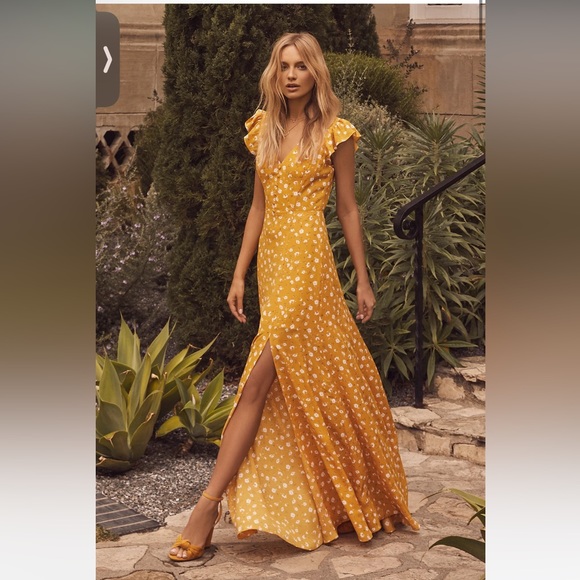 Lulus Dresses & Skirts - Lulu’s Fresh Picked Mustard Yellow Floral Print Backless Maxi Dress